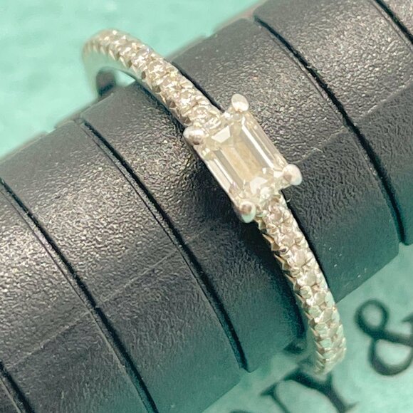 Tiffany & Co. Novo Horizon Platinum Emerald Cut & Round Diamond Ring Size 4.75 - Picture 9 of 14